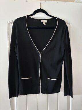 Ann Taylor Loft Black ribbed knit Cardigan with White Trim